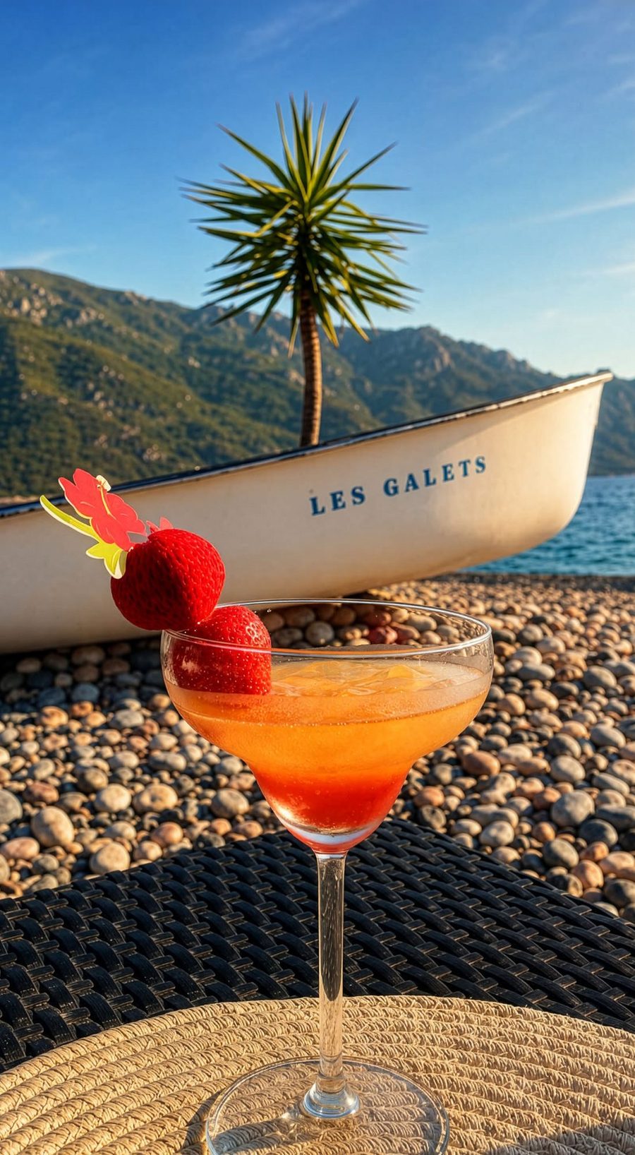 Un cocktail devant la barque Les Galets